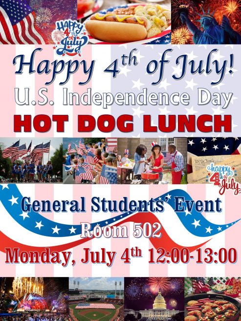 2022年7月4日米国独立記念日ホットドッグランチ!4th of July Hot Dog Lunch Party!🗽
2022年7月4日米国独立記念日ホットドッグランチ!一般学生は、アメリカの7月4日(独立記念日)をホットドッグランチで祝いました。 彼らの担任の先生であるマーク・ピカードがこの毎年恒例のイベントを主催しました。ホットドッグの他に、カット野菜、ポテトサラダ、ポテトチップス、飲み物もありました。 今年のイベントは、コロナウイルス予防策のため、ゲストの数が限られていました。 それでも、それはすべての人にとって楽しい経験でした。来年はもっと大きなイベントになることを願っています。
4th of July US Independence Day Hot Dog Lunch! The General Students celebrated America's 4th of July (Independence Day) with a Hot Dog Lunch. Their homeroom teacher, Mark Pickard, organized this annual event. Besides hot dogs there was also cut vegetables, potato salad, potato chips, and drinks. This year's event had a limited number of guests due to Coronavirus preventive measures. Still, it was an enjoyable experience for all. Hopefully, next year will be a bigger event.