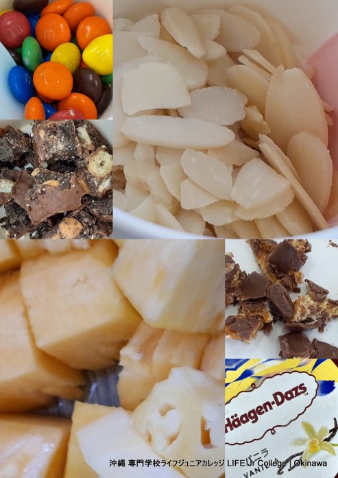 アイスクリームサンデーパーティー（一般生徒の授業活動）！おいしくて楽しい！ Ice Cream Sundae Party (General Students Class Activity)! So much fun! Collages of various topping and vanilla ice cream