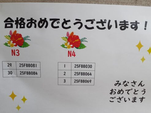 8/25更新！

7月6日に実施された日本語能力試験（JLPT）の結果が発表されました！専門学校ライフジュニアカレッジの多くの学生が合格しました！本当に素晴らしいニュースです！JLPT合格の皆さん、おめでとうございます。

1人の生徒がJLPT N1に合格しました。11人の生徒がJLPT N2に合格しました。30人の生徒がJLPT N3に合格しました。そして、3人の生徒がJLPT N4に合格しました。